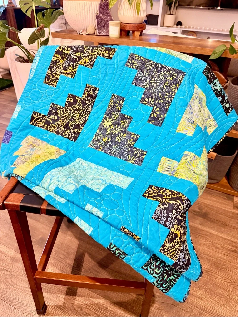 Quilted Patchwork Throw in Turquoise with Purple & Yellow Accents 72”x72”